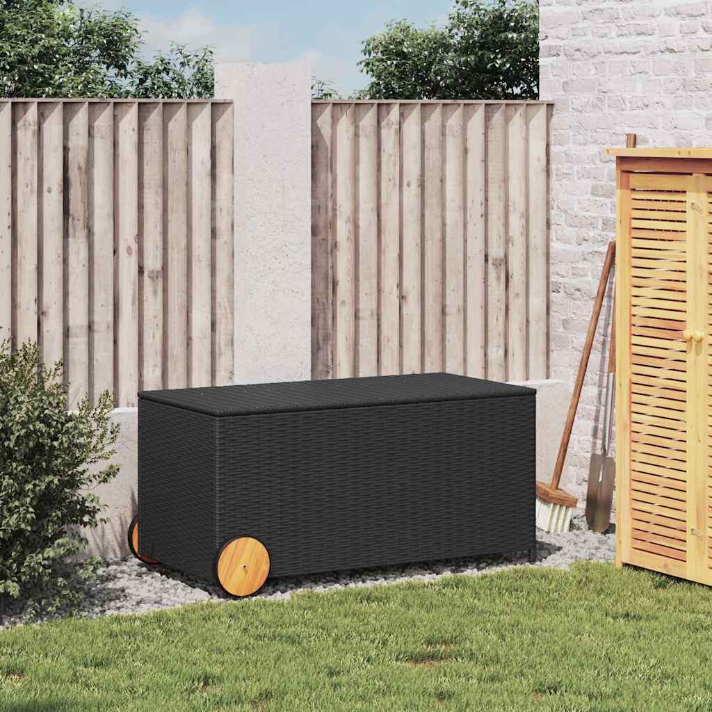 Caixa de arrumação para jardim com rodas 190l vime PE preto