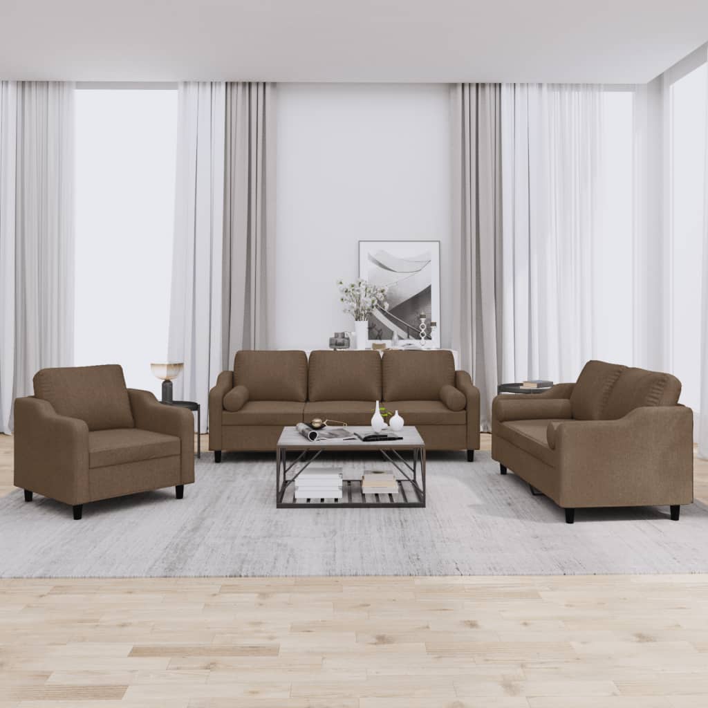 3 Pcs conjunto de sofás com almofadas tecido castanho