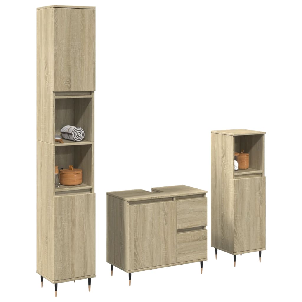 3 Pcs conj. móveis casa banho derivados madeira carvalho sonoma