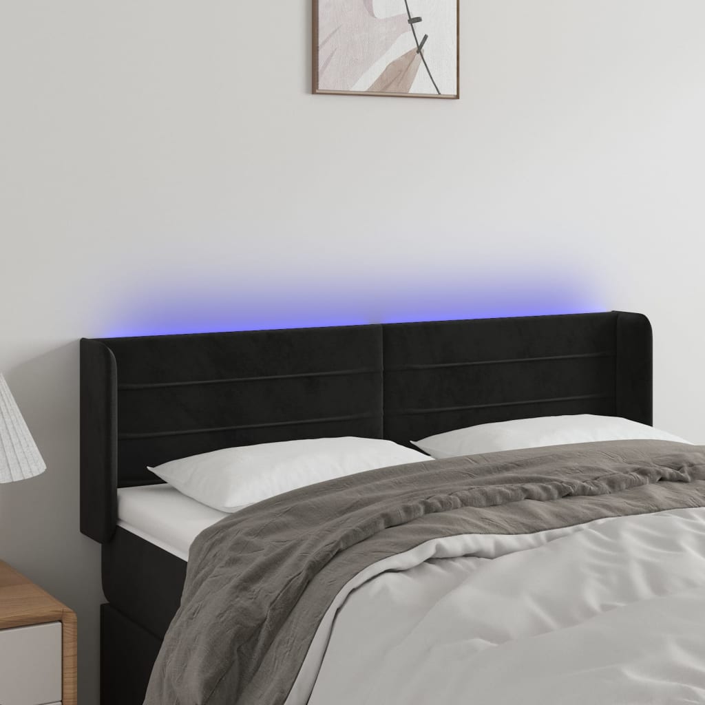 Cabeceira de cama c/ luzes LED veludo 147x16x78/88 cm preto