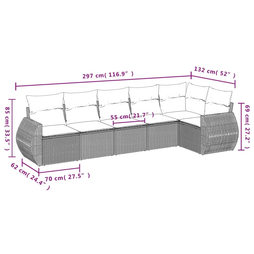 6 Pcs conjunto sofás de jardim c/ almofadões vime PE preto