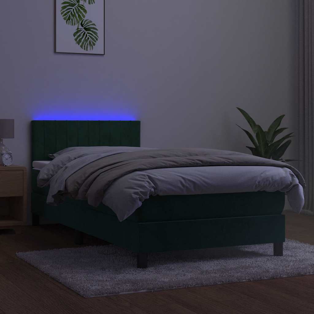 Cama box spring c/ colchão/LED 90x200 cm veludo verde-escuro