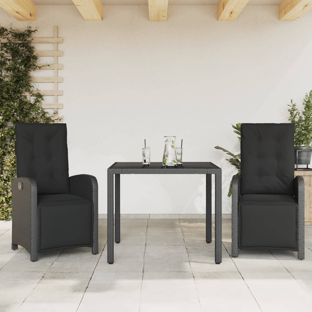 3 Pcs conjunto de bistrô com almofadões vime PE preto