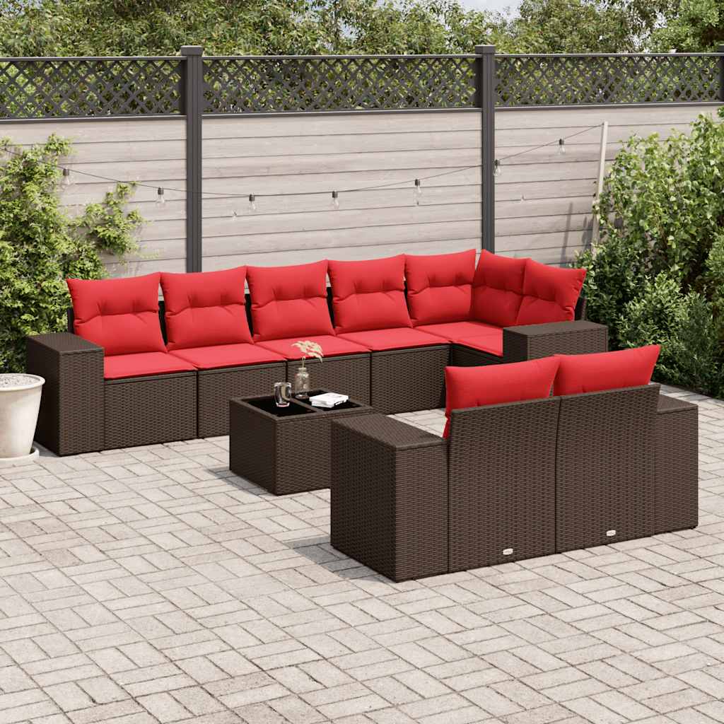 Conjunto de sofá de jardim com 9 peças e almofadas em rattan sintético marrom
