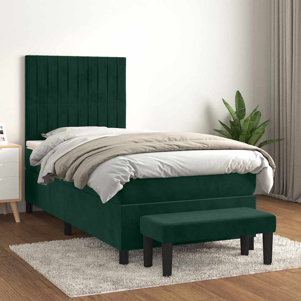 Cama com molas/colchão 90x190 cm veludo verde-escuro
