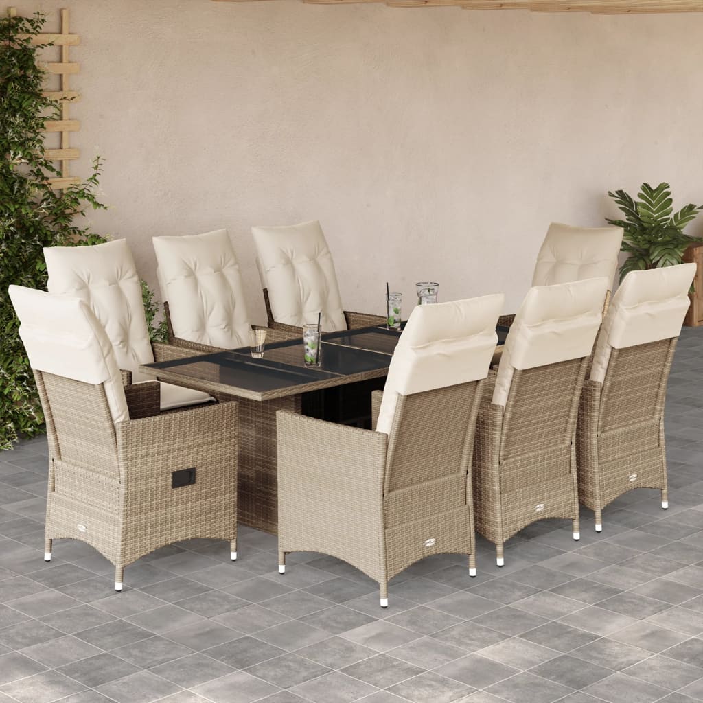 9 Pcs conjunto de jantar p/ jardim com almofadões vime PE bege