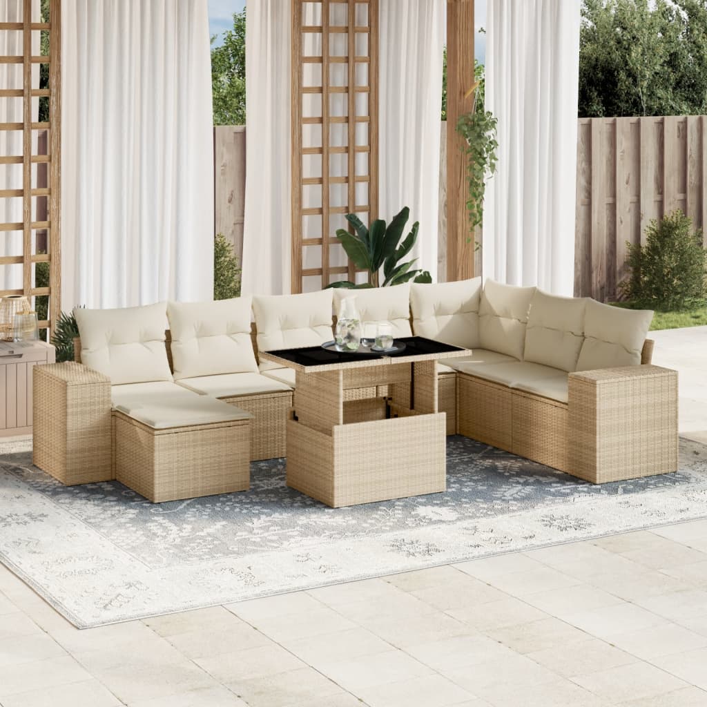 9 Pcs conjunto de sofás p/ jardim com almofadões vime PE bege