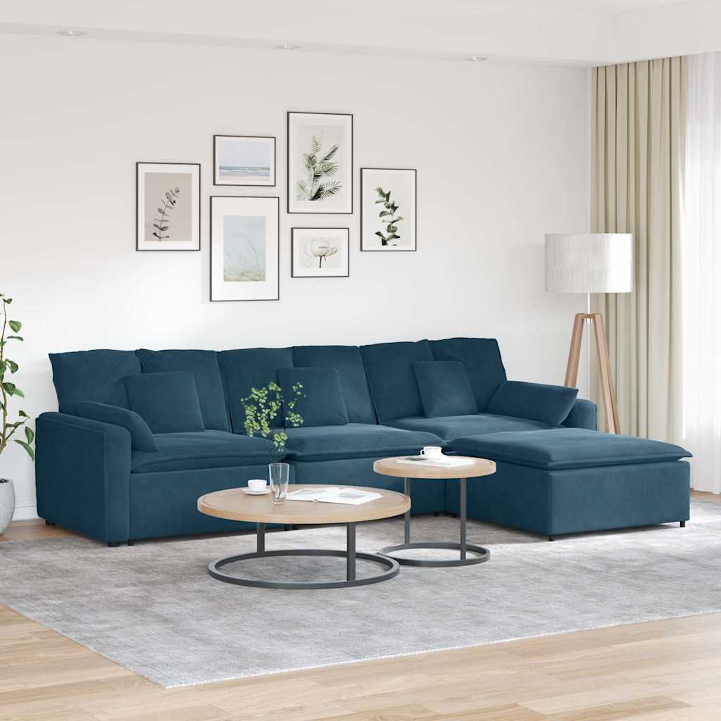 Sofá modular com pufes e almofadas azul