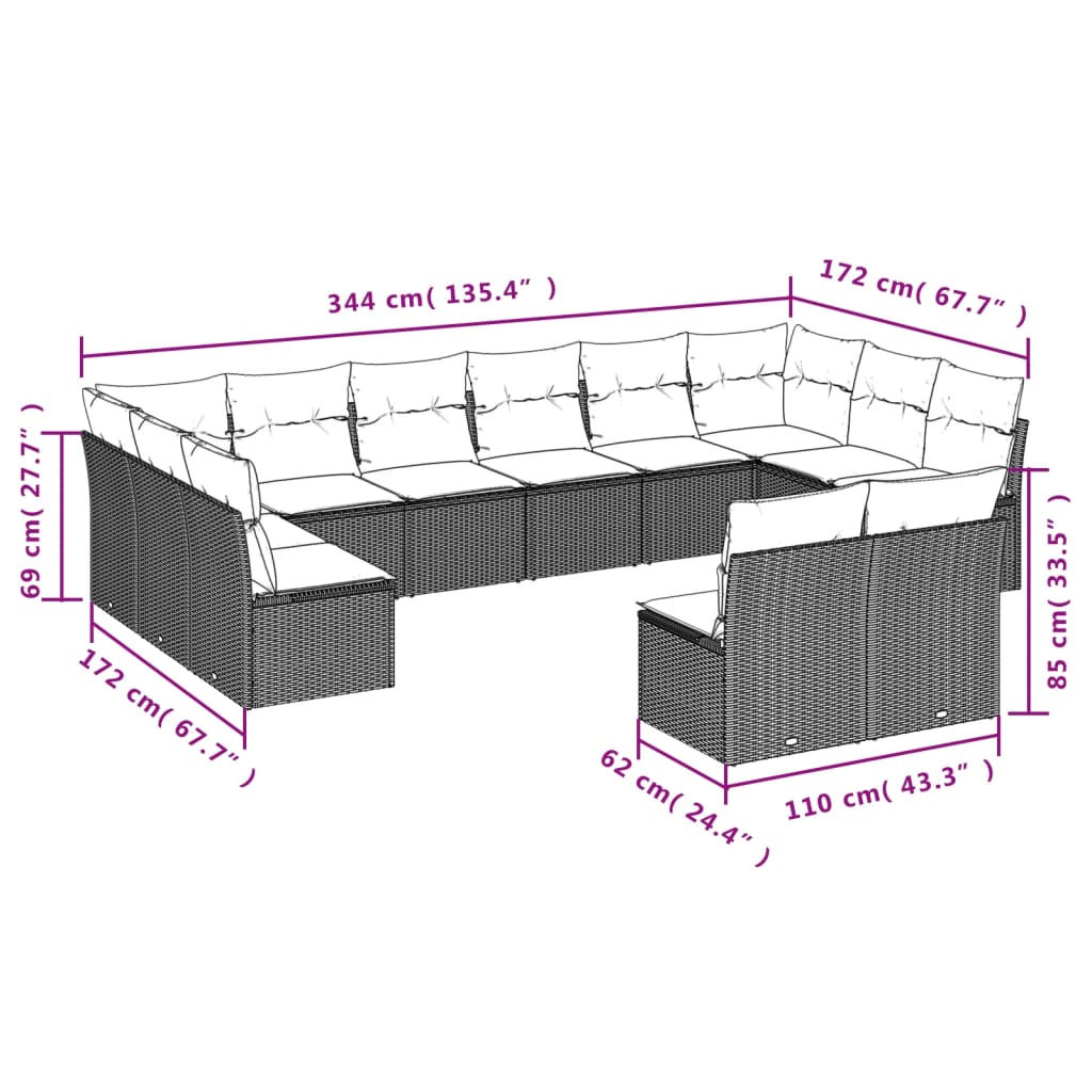 12 Pcs conjunto de sofás de jardim c/ almofadões vime PE preto