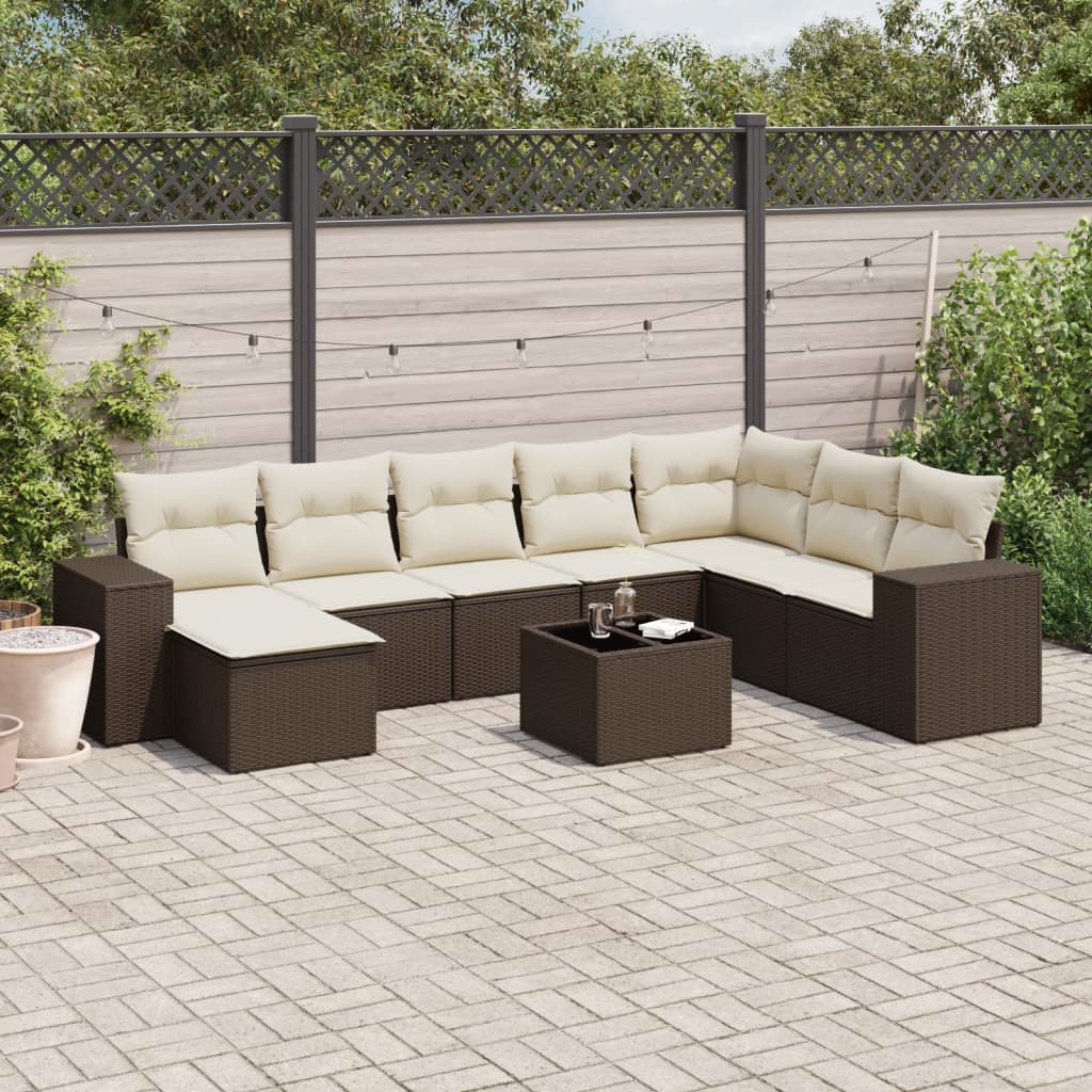 9 Pcs conjunto sofás p/ jardim c/ almofadões vime PE castanho