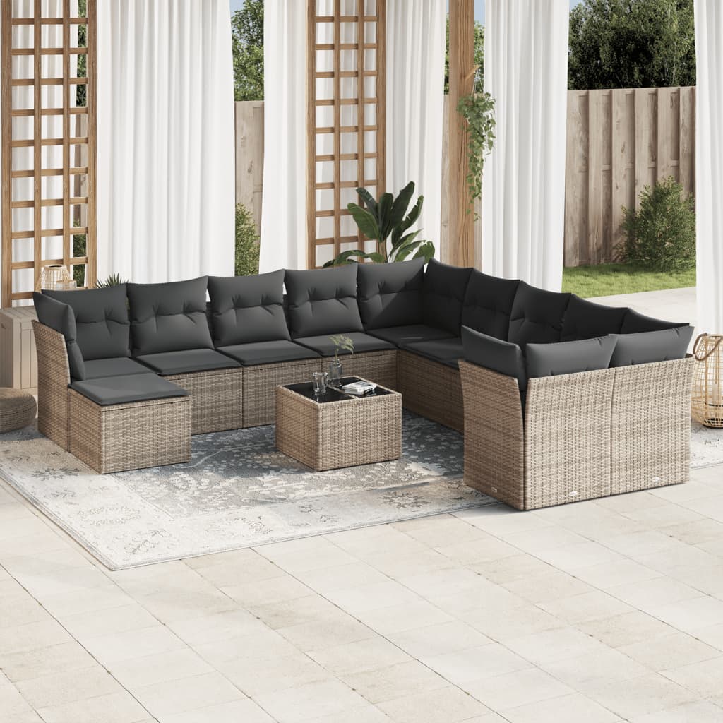 12 Pcs conjunto de sofás jardim c/ almofadões vime PE cinzento