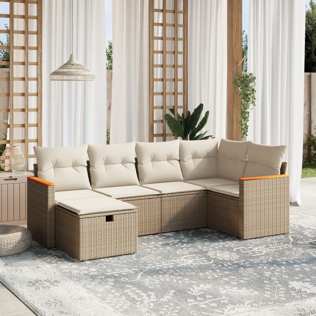 6 Pcs conjunto de sofás p/ jardim com almofadões vime PE bege