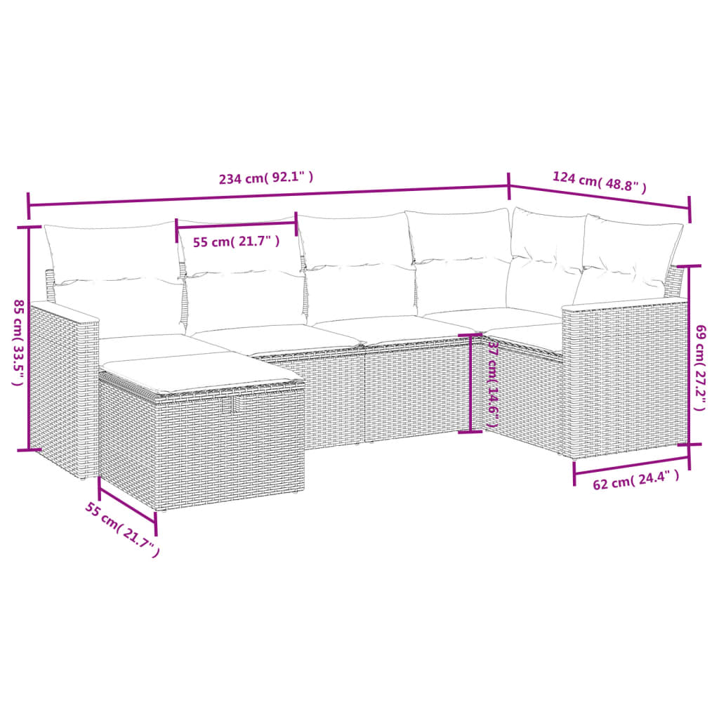 6 Pcs conjunto de sofás p/ jardim com almofadões vime PE bege