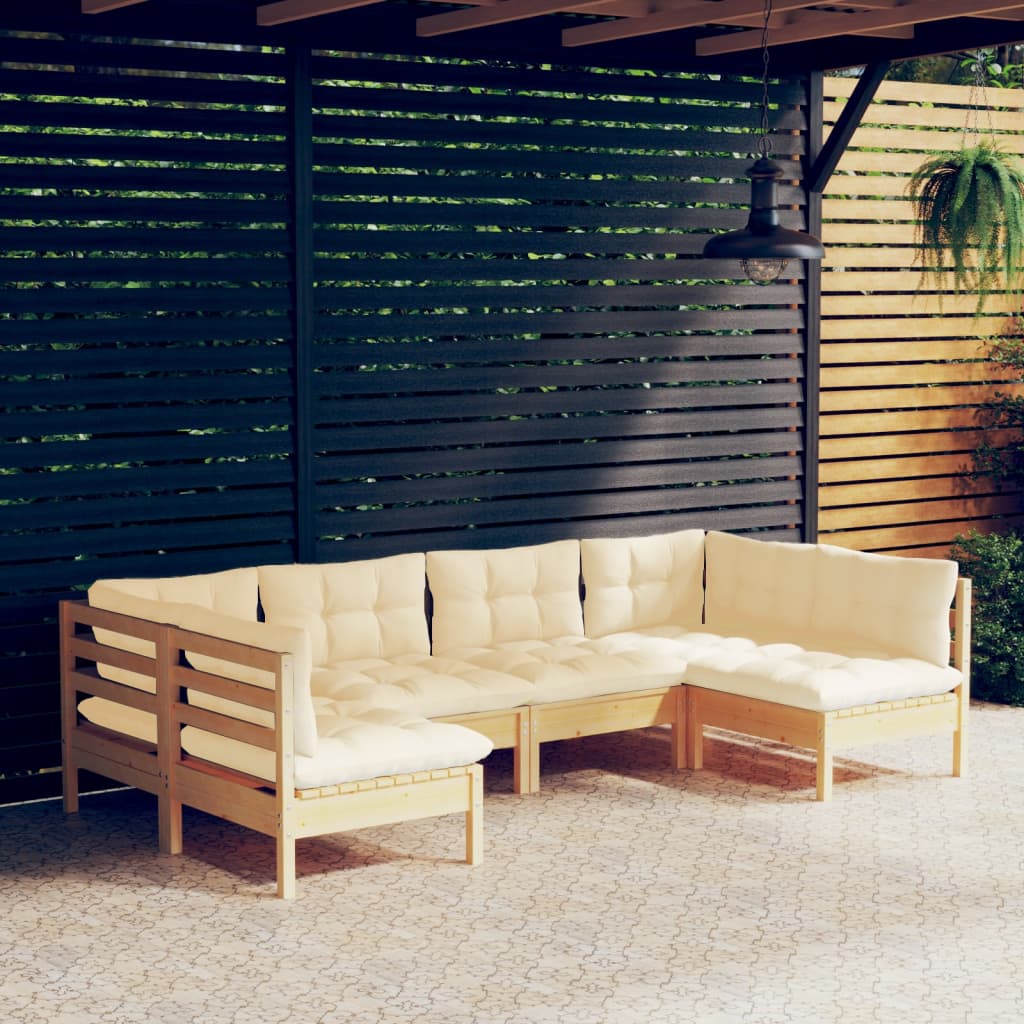 6 Pcs conjunto lounge jardim c/ almofadões creme pinho maciço
