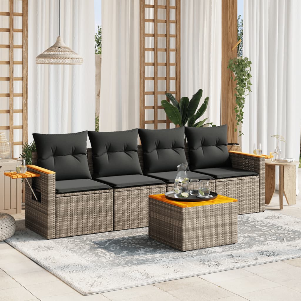5 Pcs conjunto sofás de jardim c/ almofadões vime PE cinzento