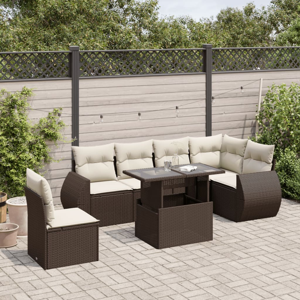 7 Pcs conjunto de sofás jardim c/ almofadões vime PE castanho