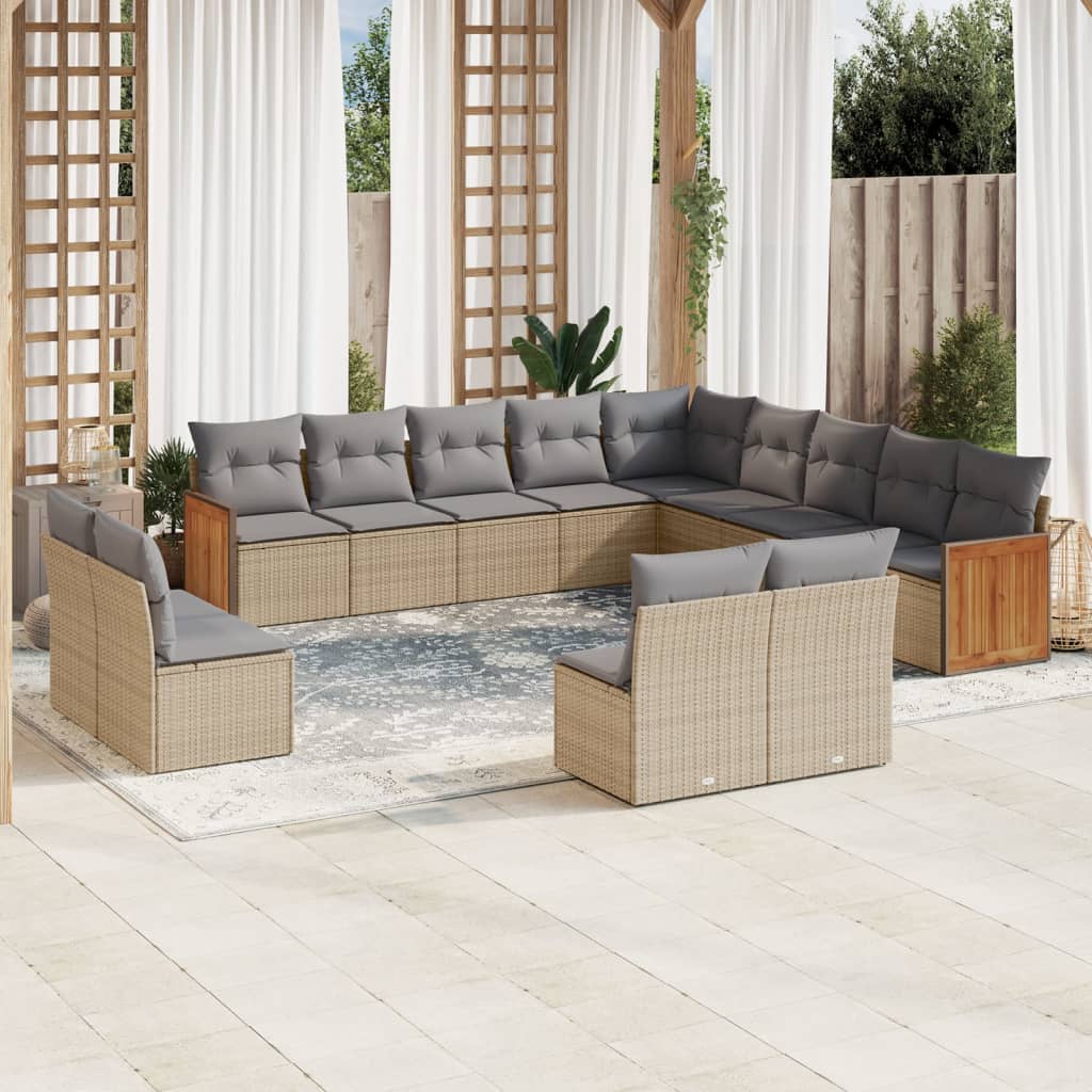 13 Pcs conjunto de sofás p/ jardim com almofadões vime PE bege