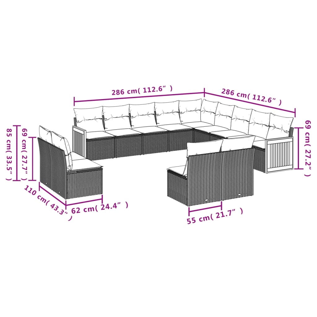 13 Pcs conjunto de sofás p/ jardim com almofadões vime PE bege