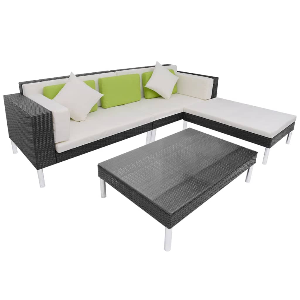 4 Pcs conjunto lounge de jardim c/ almofadões vime PE preto