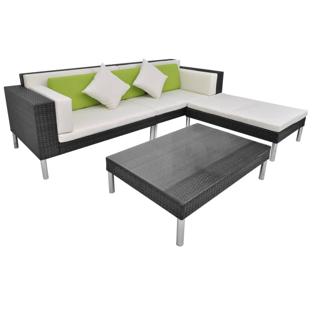 4 Pcs conjunto lounge de jardim c/ almofadões vime PE preto