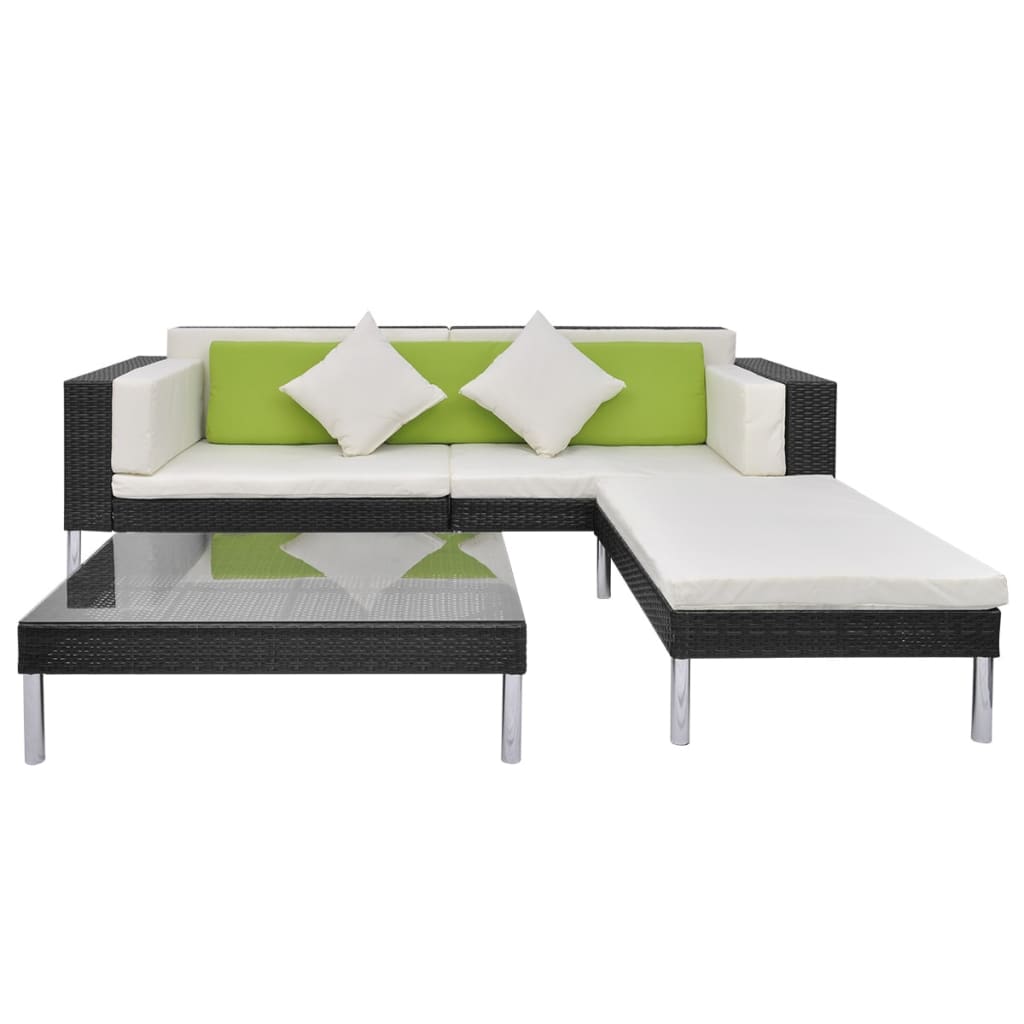 4 Pcs conjunto lounge de jardim c/ almofadões vime PE preto