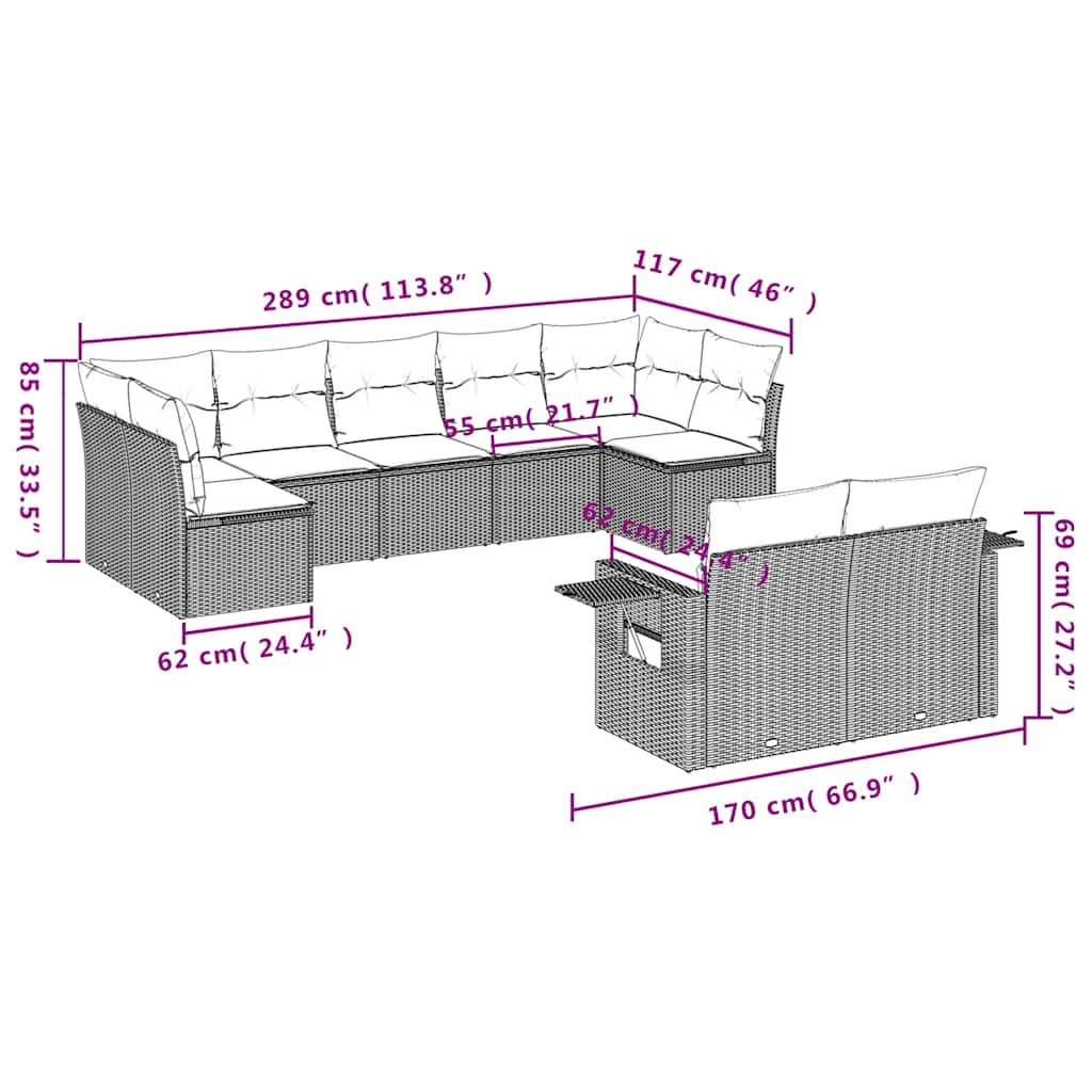 9 Pcs conjunto de sofás p/ jardim c/ almofadões vime PE preto