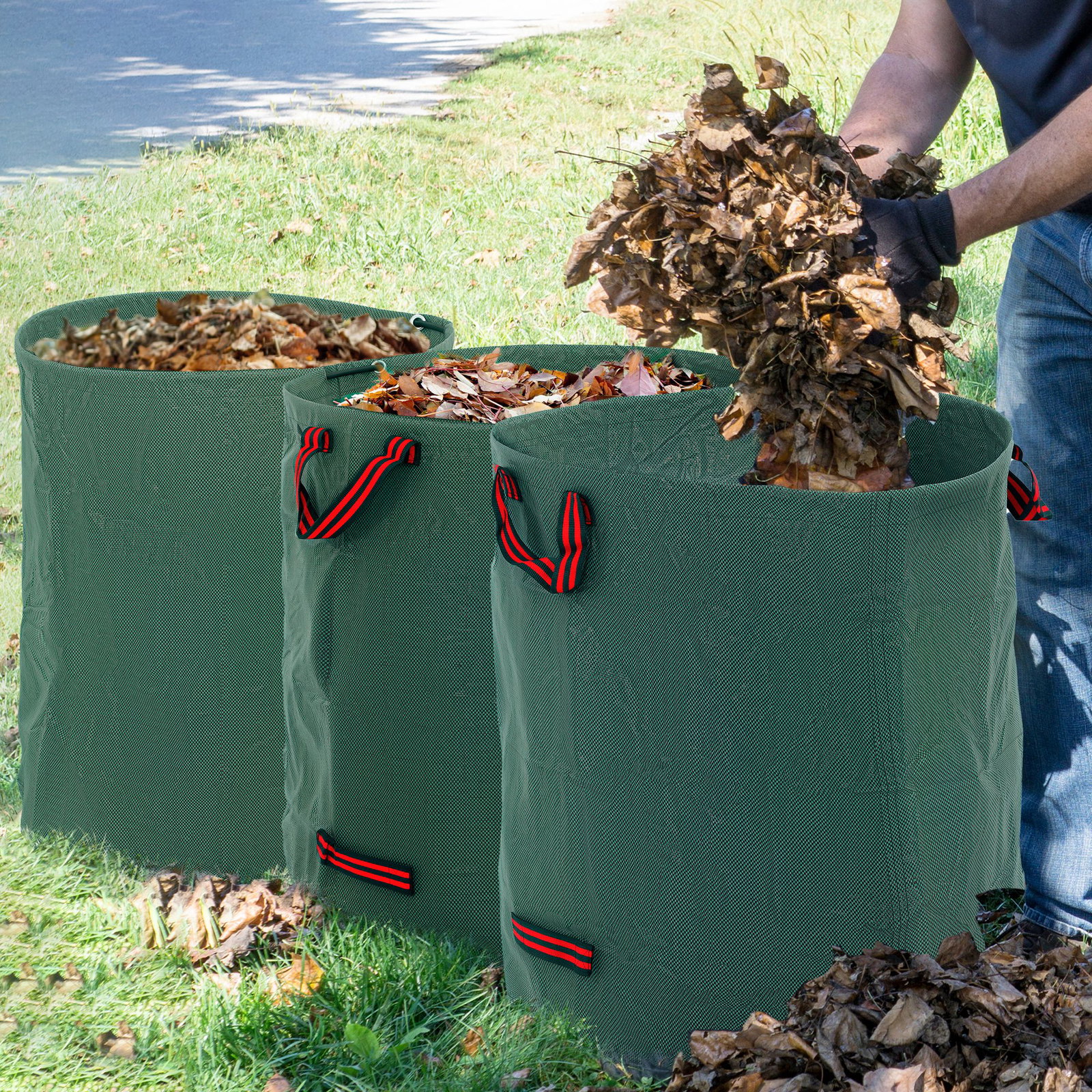 Conjunto de 3 sacos de resíduos de jardim 272l resistentes com pegas reforçadas e aros flexíveis dobráveis e reutilizáveis ø67x76 cm verde