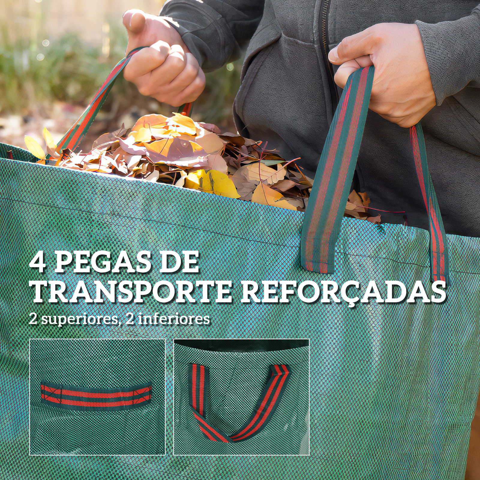 Conjunto de 3 sacos de resíduos de jardim 272l resistentes com pegas reforçadas e aros flexíveis dobráveis e reutilizáveis ø67x76 cm verde