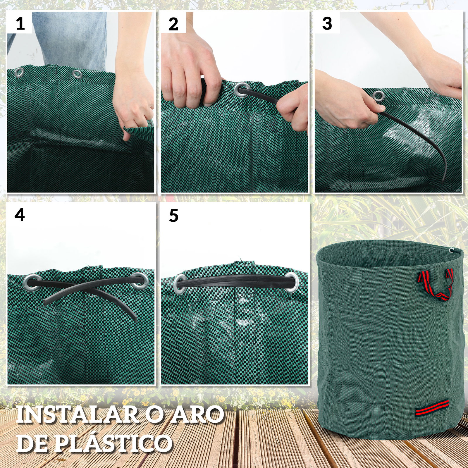 Conjunto de 3 sacos de resíduos de jardim 272l resistentes com pegas reforçadas e aros flexíveis dobráveis e reutilizáveis ø67x76 cm verde