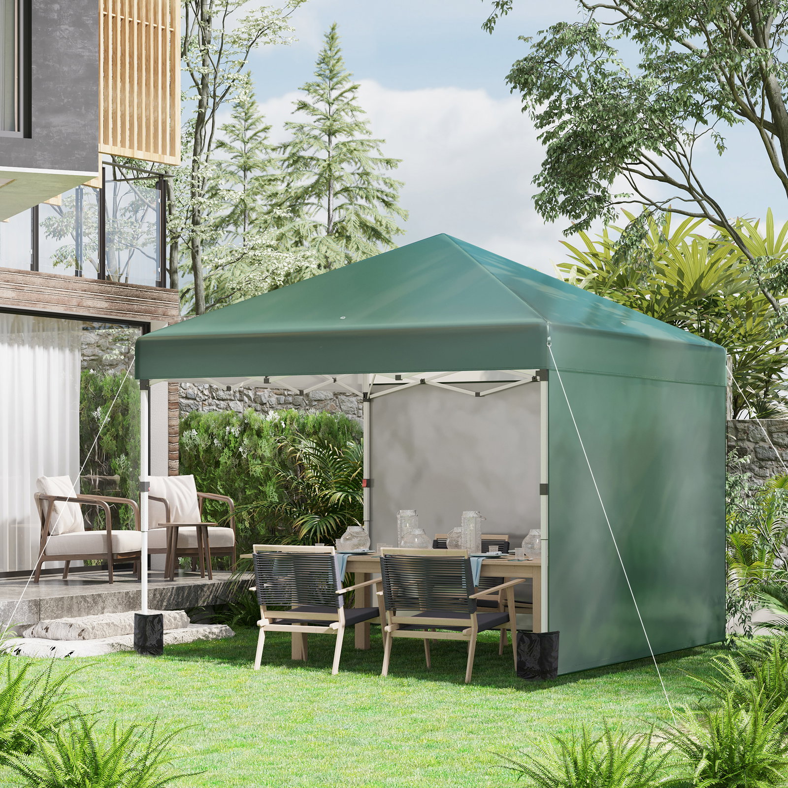 Tenda dobrável pop-up 297x297x288 cm com 2 paredes laterais anti-UV altura ajustável em 3 níveis e bolsa de transporte verde