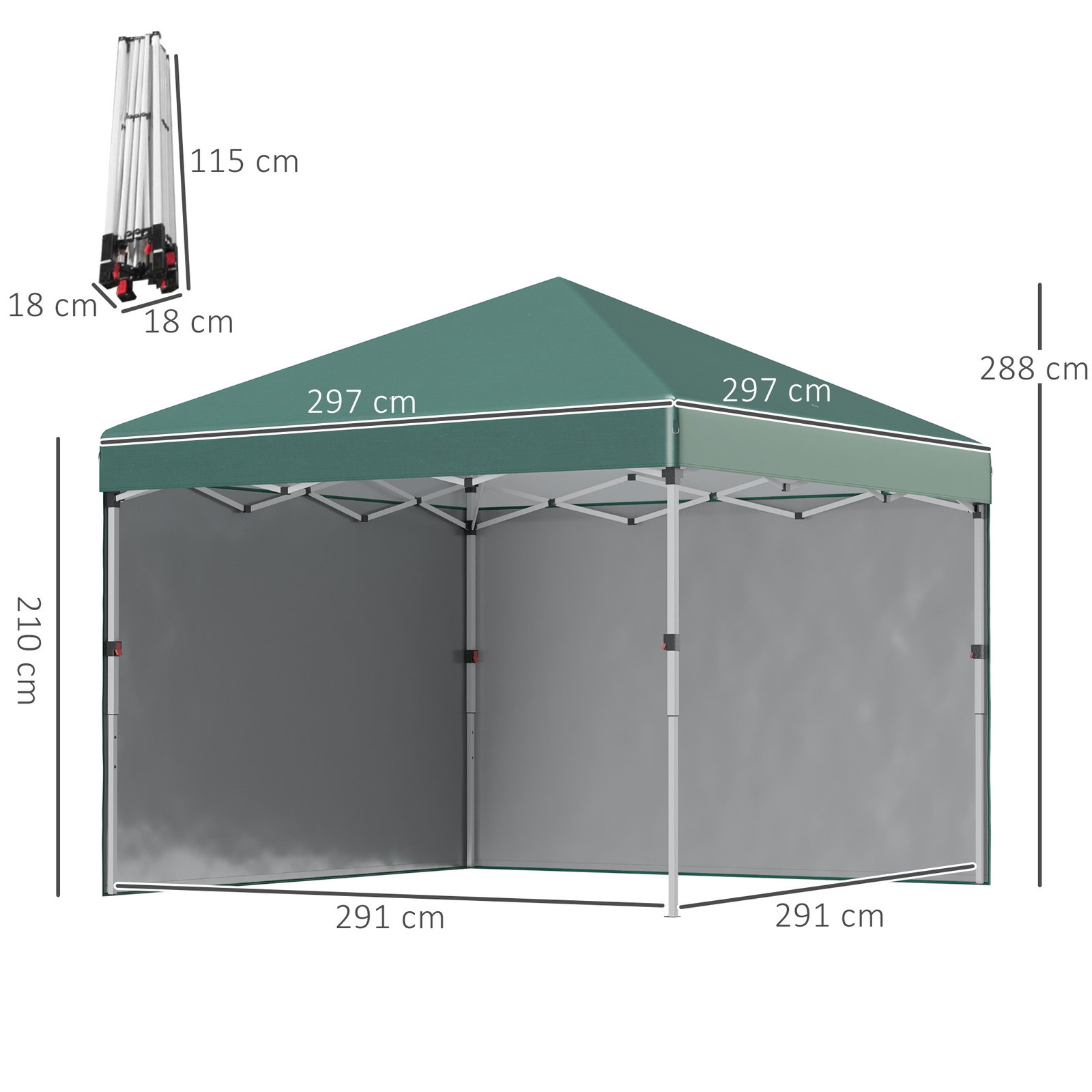 Tenda dobrável pop-up 297x297x288 cm com 2 paredes laterais anti-UV altura ajustável em 3 níveis e bolsa de transporte verde