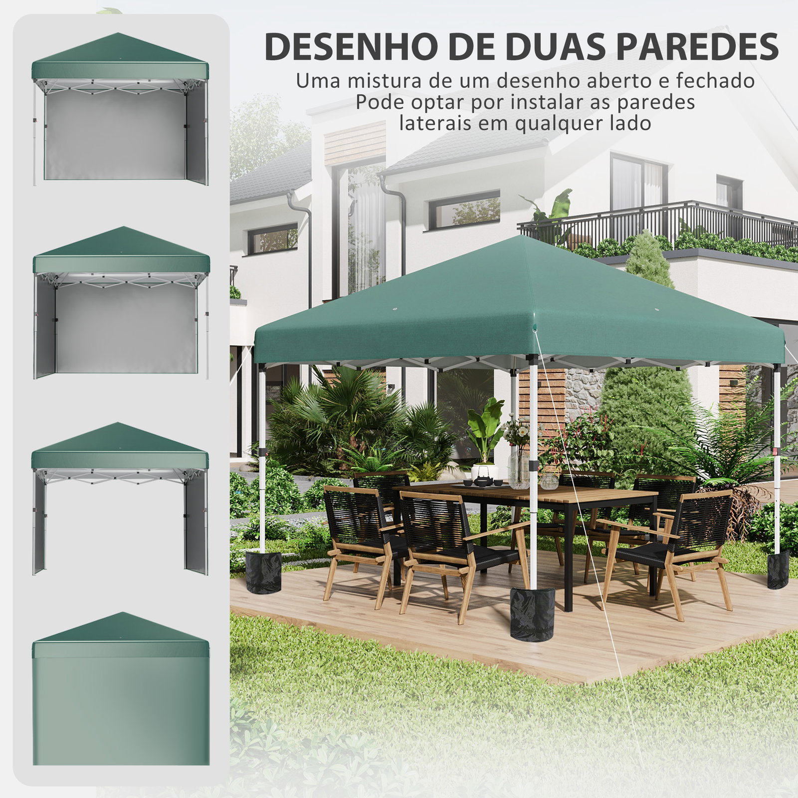 Tenda dobrável pop-up 297x297x288 cm com 2 paredes laterais anti-UV altura ajustável em 3 níveis e bolsa de transporte verde