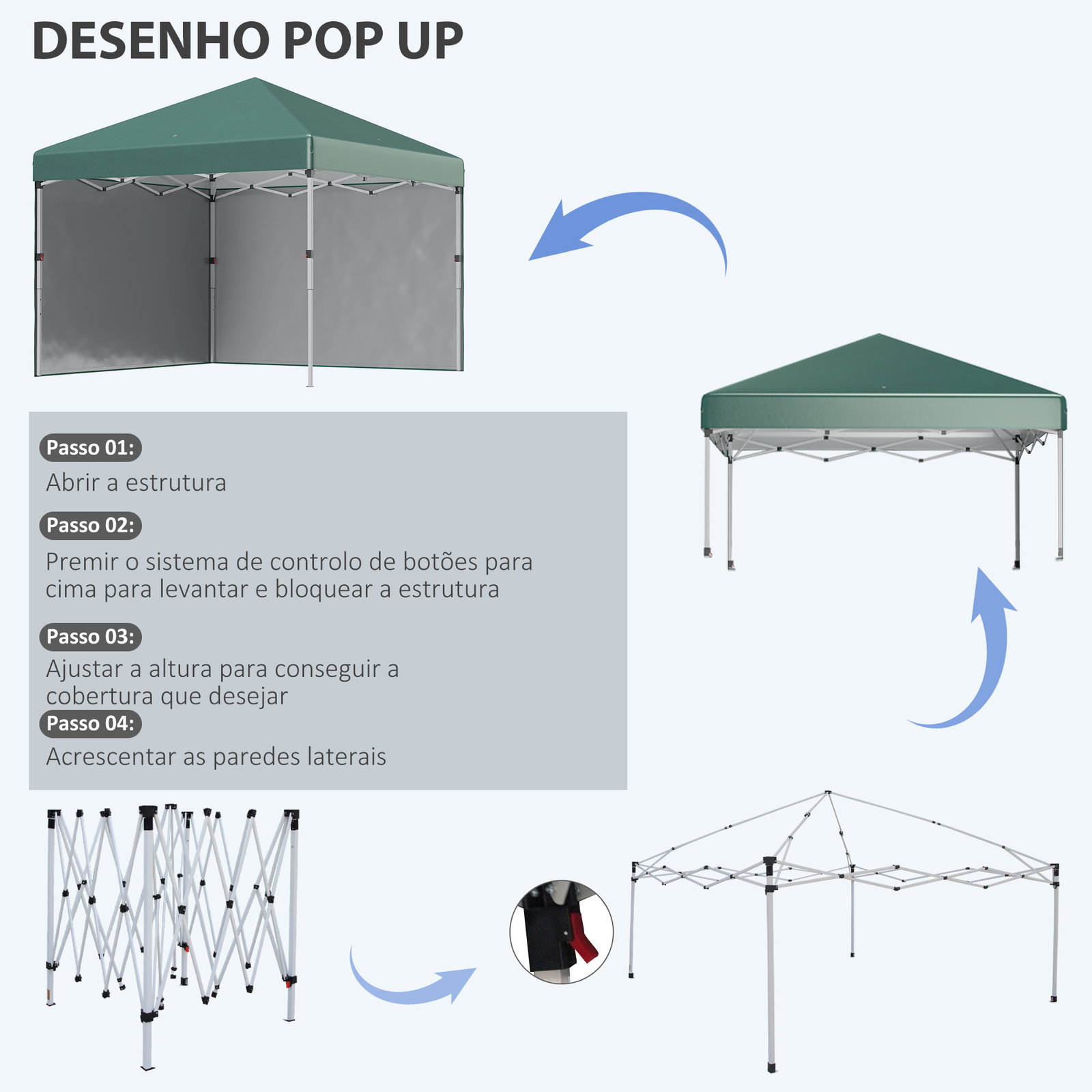 Tenda dobrável pop-up 297x297x288 cm com 2 paredes laterais anti-UV altura ajustável em 3 níveis e bolsa de transporte verde