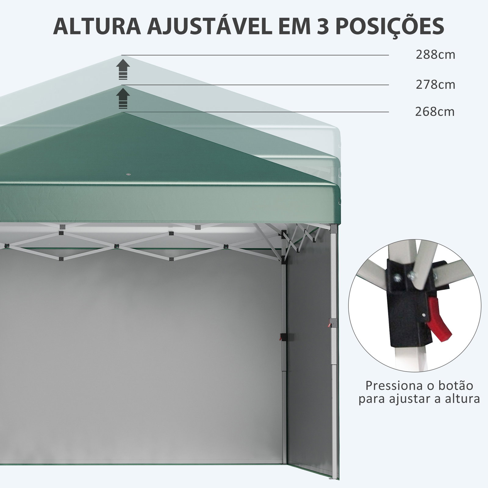 Tenda dobrável pop-up 297x297x288 cm com 2 paredes laterais anti-UV altura ajustável em 3 níveis e bolsa de transporte verde