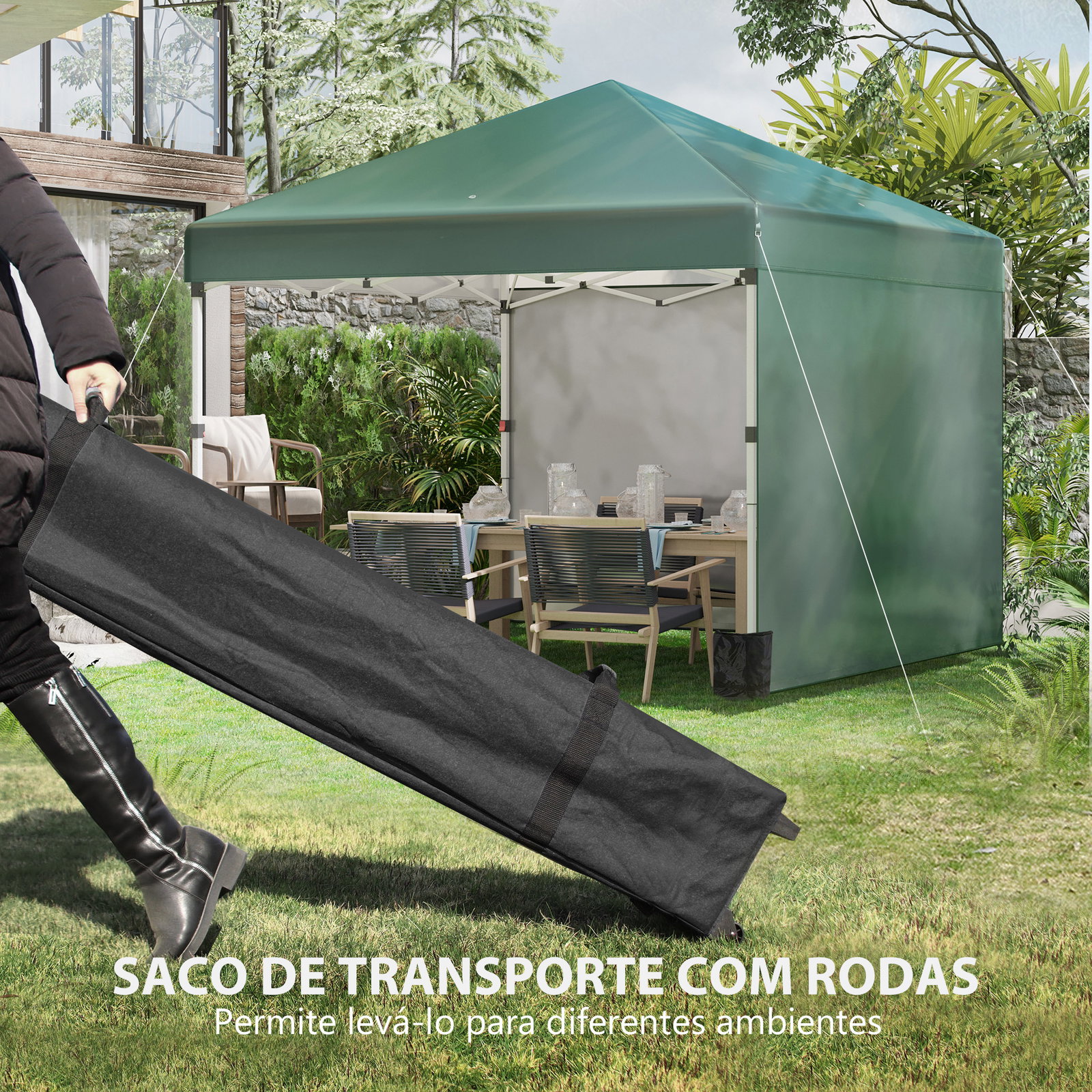 Tenda dobrável pop-up 297x297x288 cm com 2 paredes laterais anti-UV altura ajustável em 3 níveis e bolsa de transporte verde