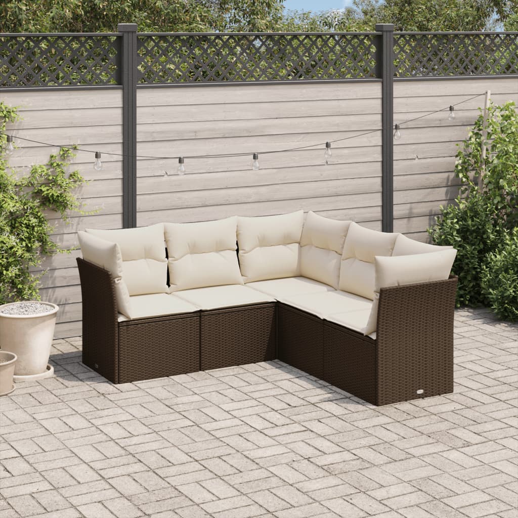 5 Pcs conjunto sofás p/ jardim c/ almofadões vime PE castanho