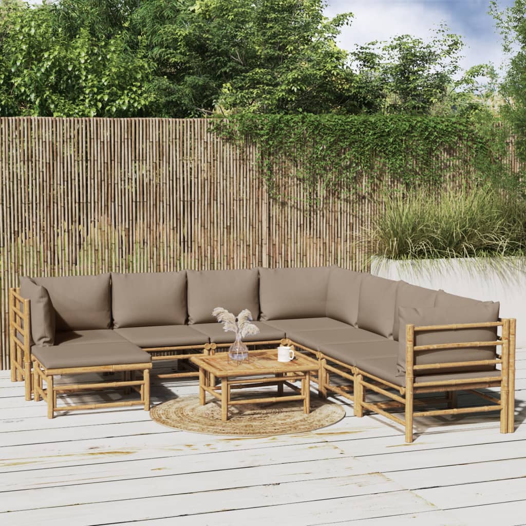 9 Pcs conj. lounge jardim bambu almofadões cinzento-acastanhado