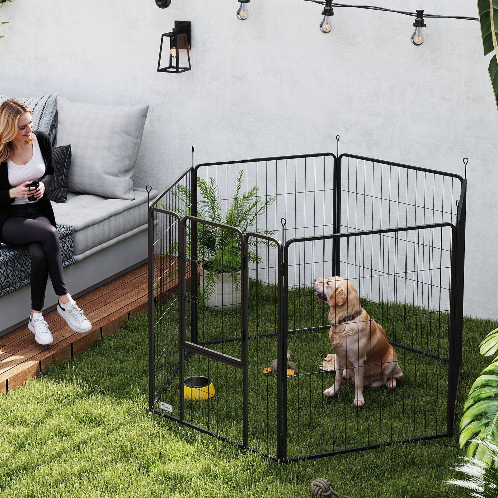 Parque para cães com 6 painéis de 100 cm de altura com porta para interior e exterior preto
