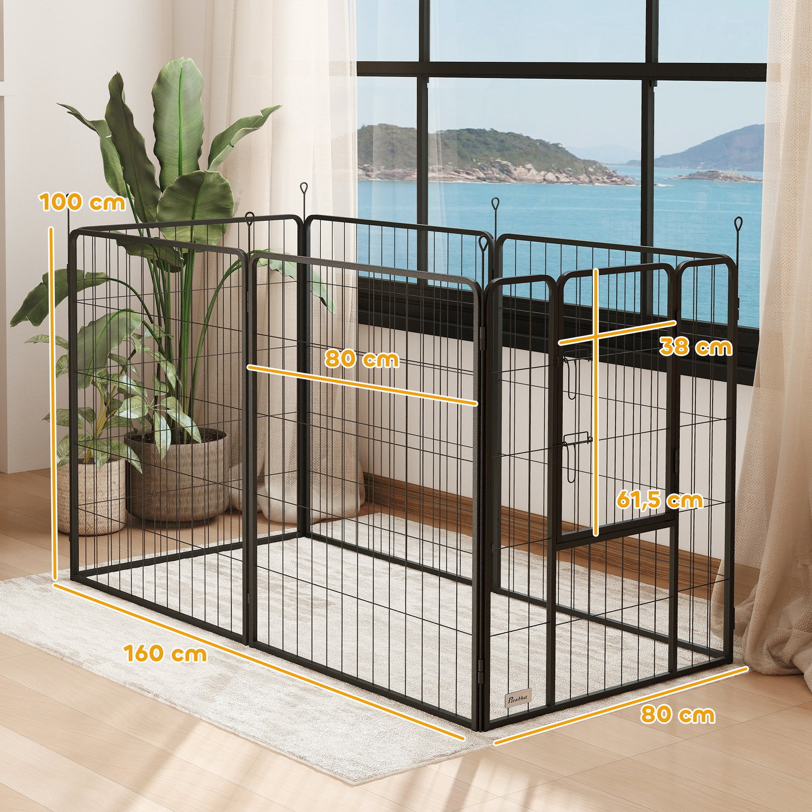 Parque para cães com 6 painéis de 100 cm de altura com porta para interior e exterior preto