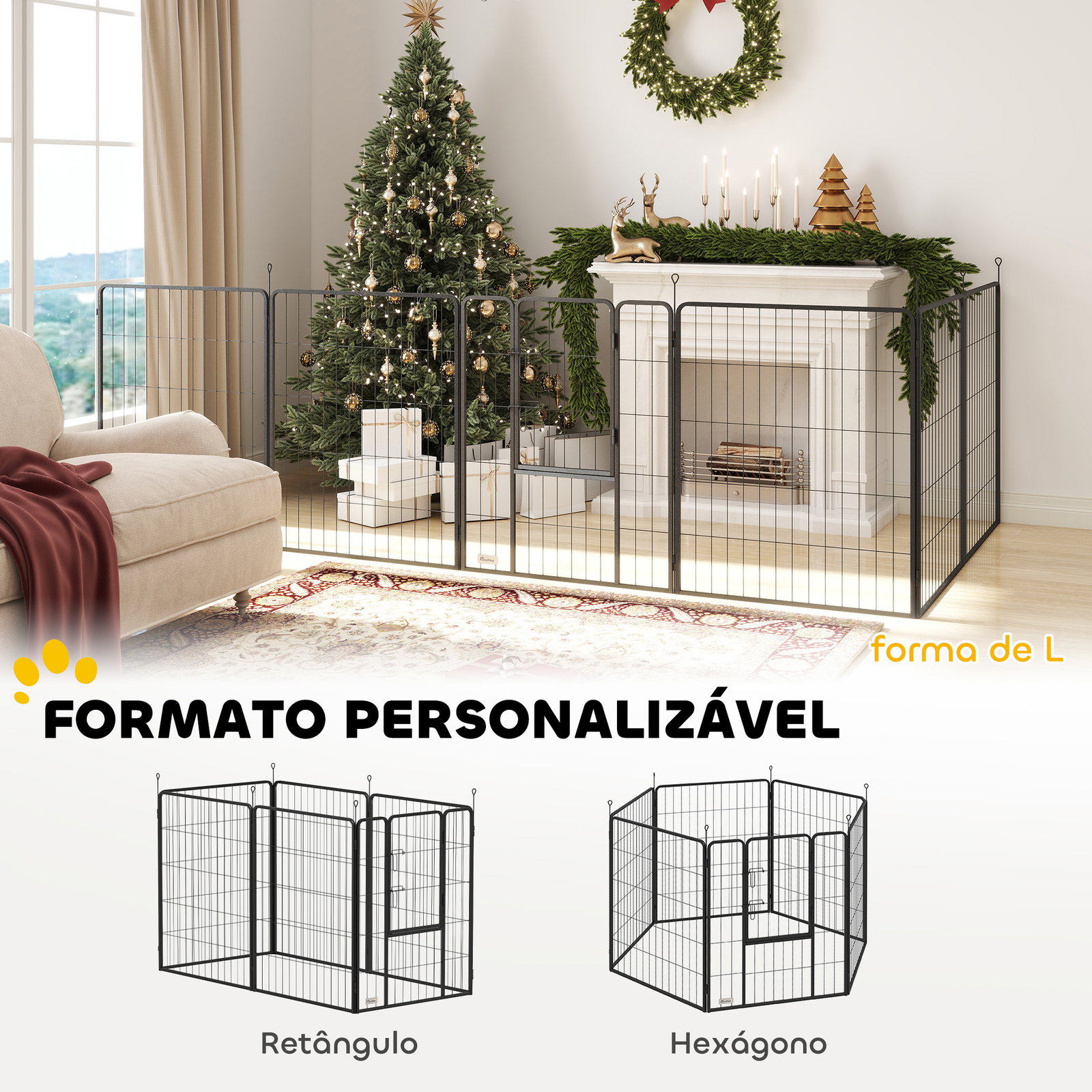 Parque para cães com 6 painéis de 100 cm de altura com porta para interior e exterior preto