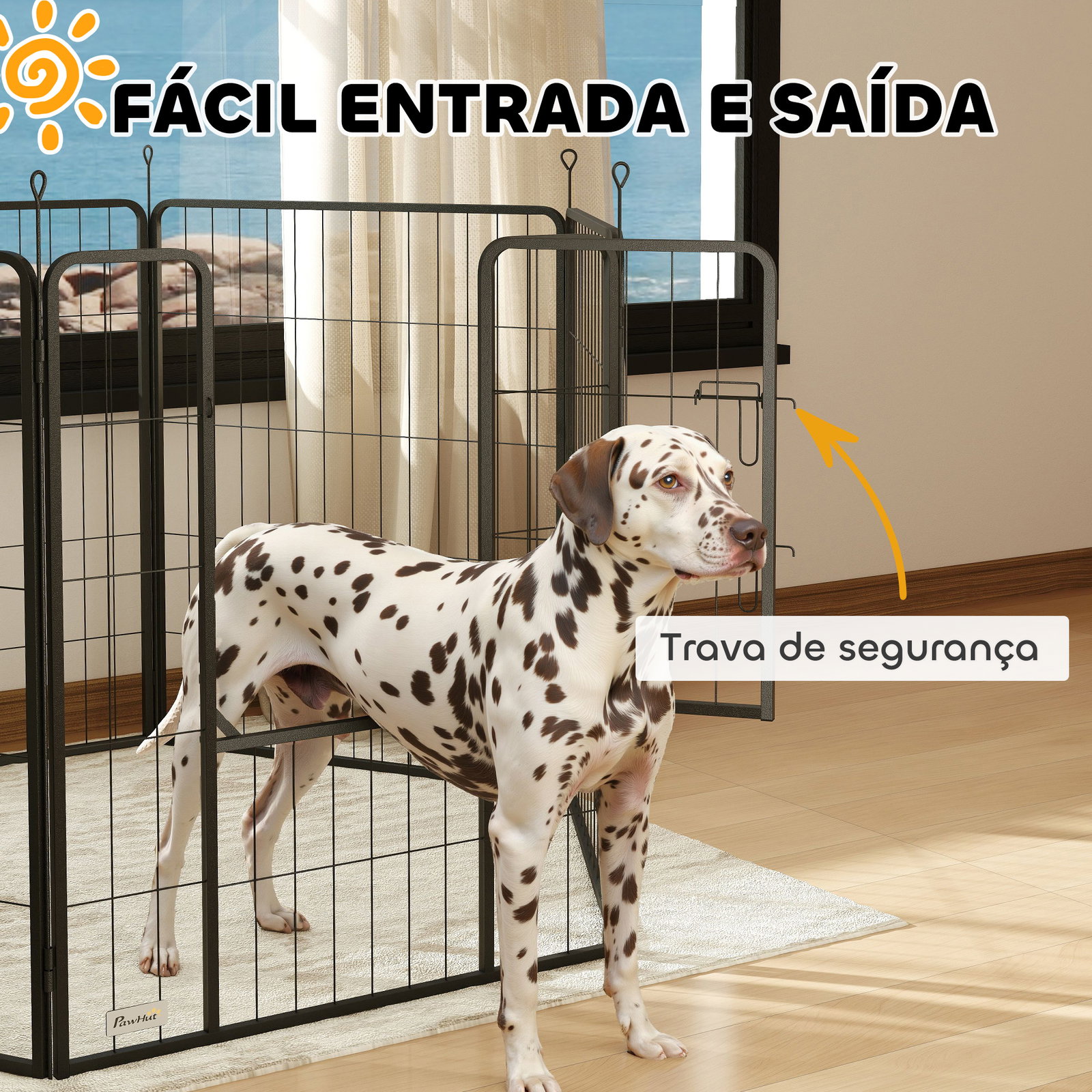 Parque para cães com 6 painéis de 100 cm de altura com porta para interior e exterior preto