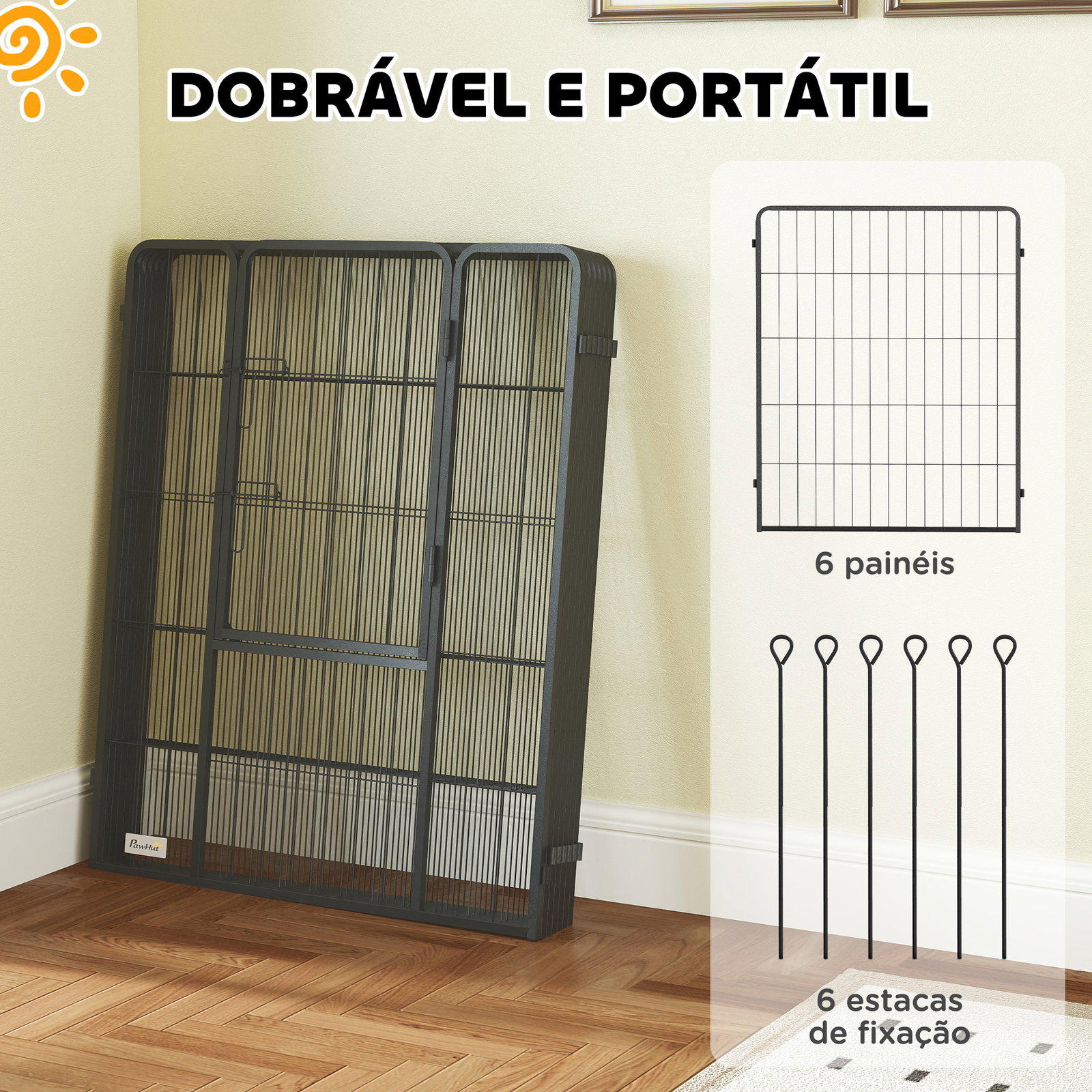 Parque para cães com 6 painéis de 100 cm de altura com porta para interior e exterior preto