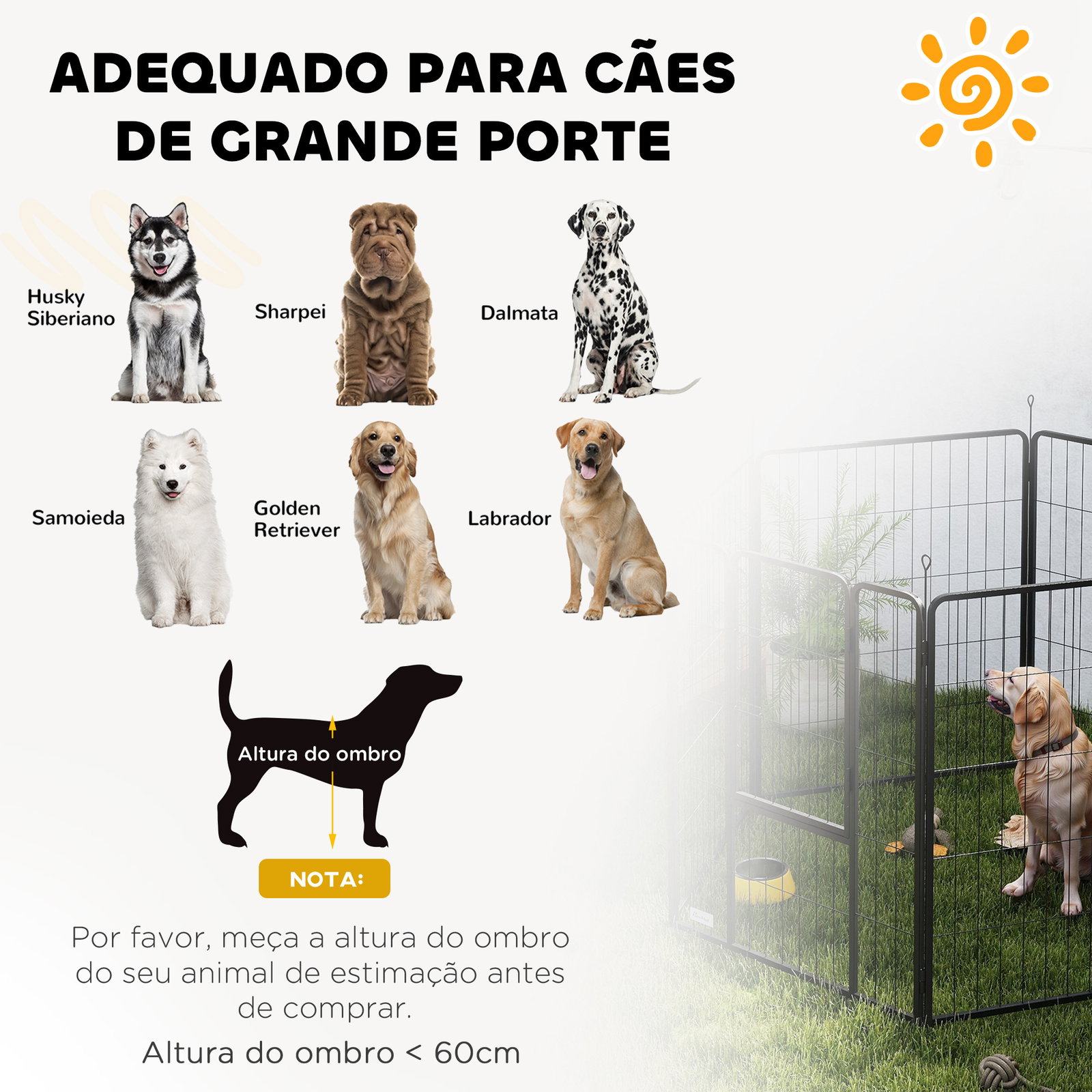 Parque para cães com 6 painéis de 100 cm de altura com porta para interior e exterior preto