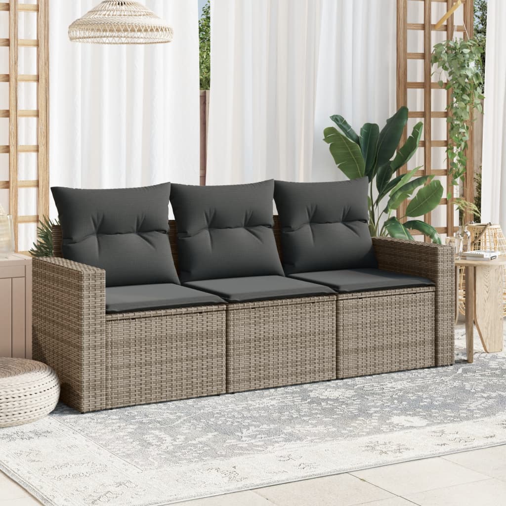 3 Pcs conjunto sofás de jardim c/ almofadões vime PE cinzento