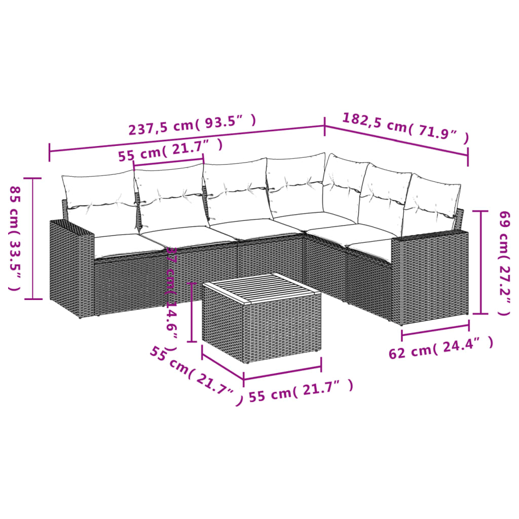 7 Pcs conjunto de sofás p/ jardim c/ almofadões vime PE preto