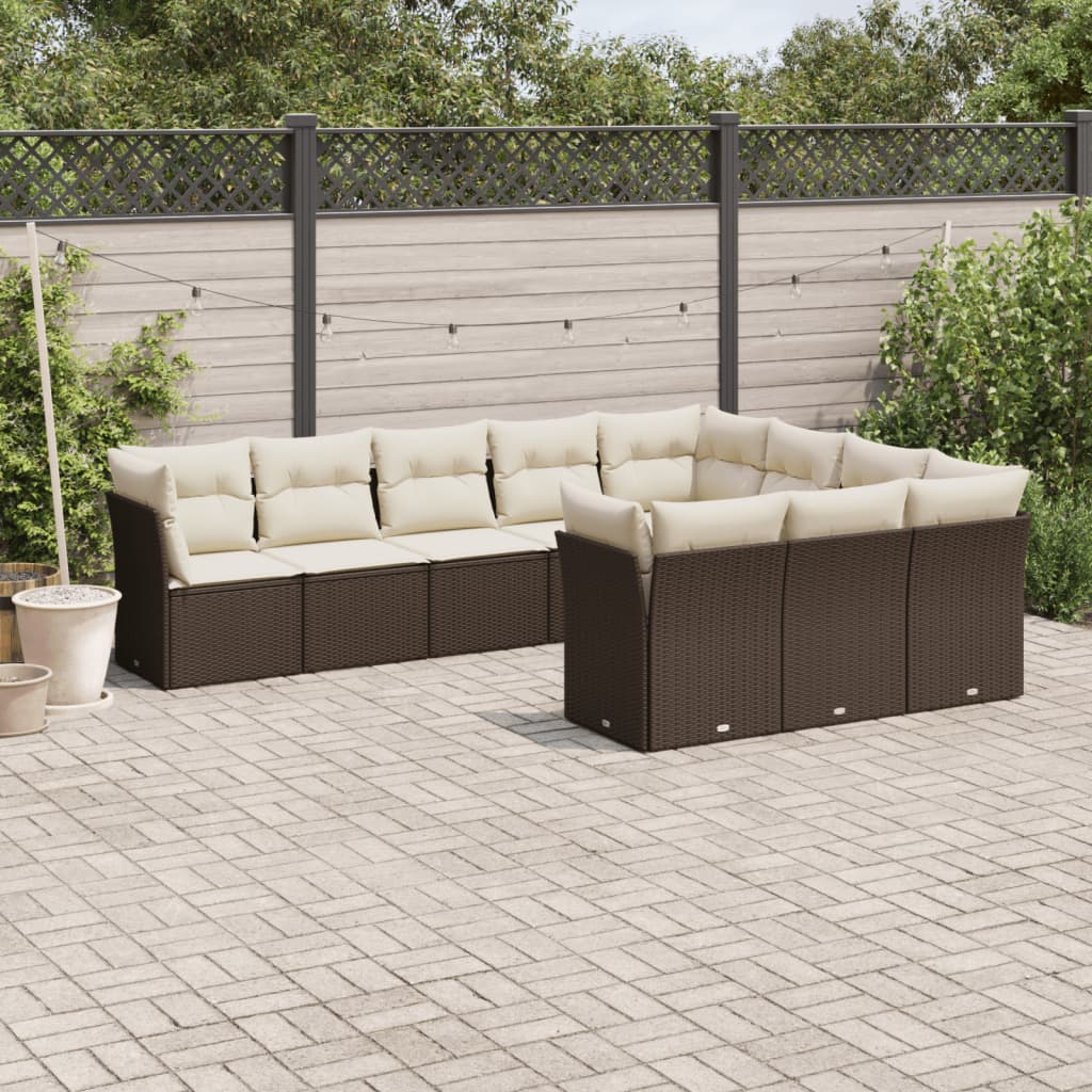 10 Pcs conj. sofás jardim com almofadões vime PE castanho