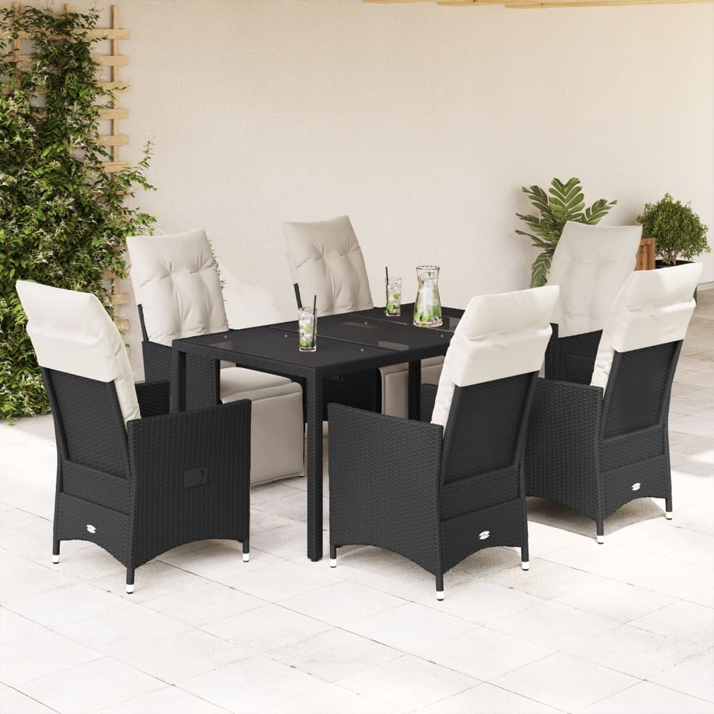 7 Pcs conjunto de jantar p/ jardim c/ almofadões vime PE preto