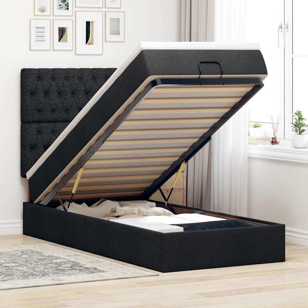 Estrutura de cama otomana com colchão preto tecido