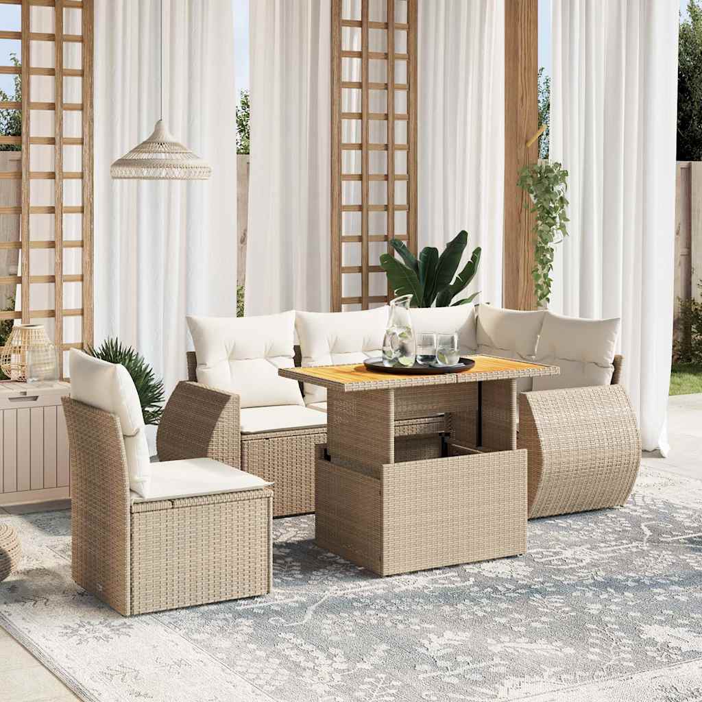 6 Pcs conjunto de sofás p/ jardim com almofadões vime PE bege