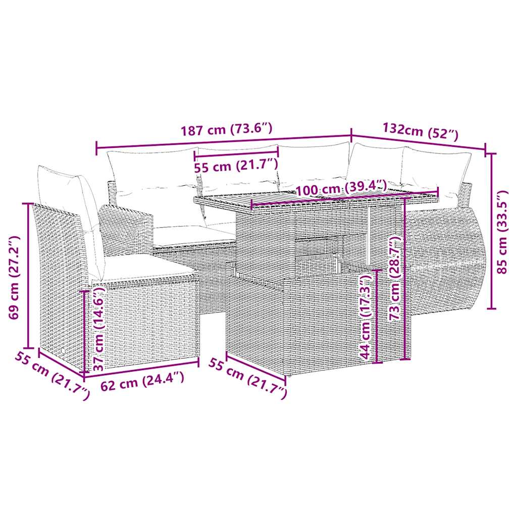 6 Pcs conjunto de sofás p/ jardim com almofadões vime PE bege